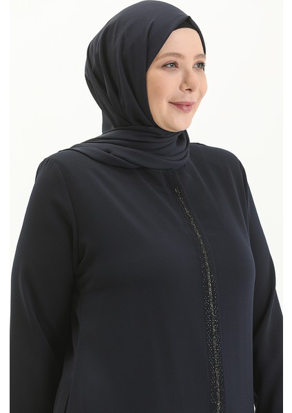 Büyük Beden Taş Baskılı Ferace 5054-05 Lacivert