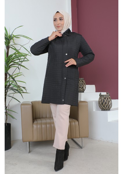 Büyük Beden Baklava Desen Kapitone Mont 5059-01 Siyah