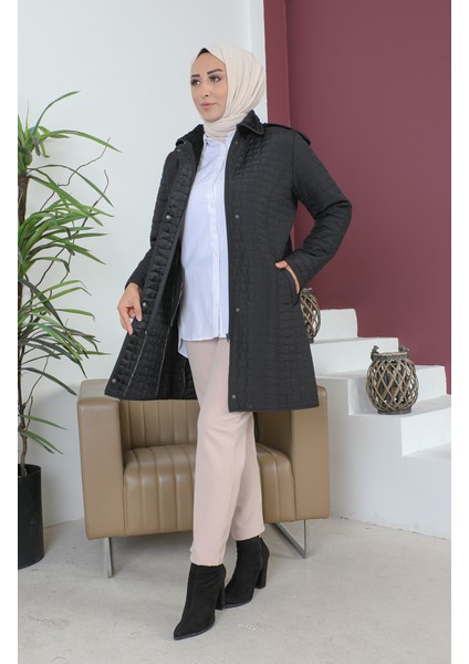 Büyük Beden Baklava Desen Kapitone Mont 5059-01 Siyah fiyatları