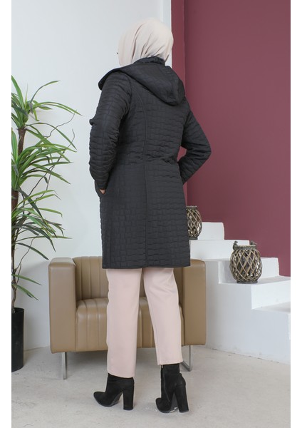 Büyük Beden Baklava Desen Kapitone Mont 5059-01 Siyah indirimleri