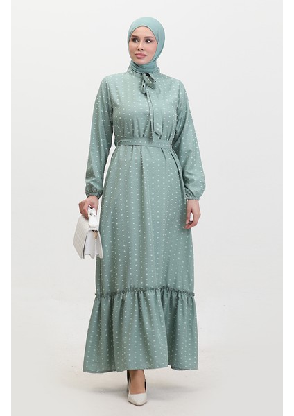 Pıtpıt Desenli Kuşaklı Elbise 0383-06 Çağla Yeşili