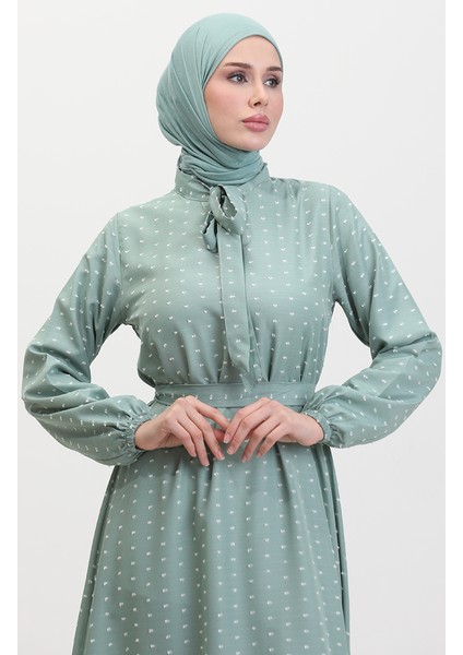 Pıtpıt Desenli Kuşaklı Elbise 0383-06 Çağla Yeşili modelleri