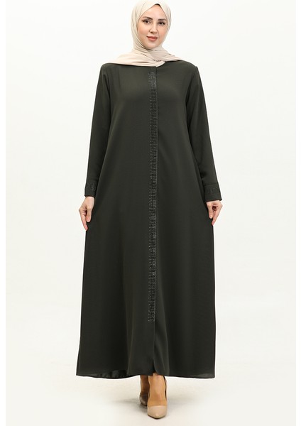 Büyük Beden Taş Baskılı Ferace 5067-03 Haki