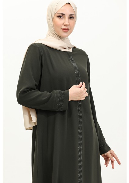 Büyük Beden Taş Baskılı Ferace 5067-03 Haki modelleri