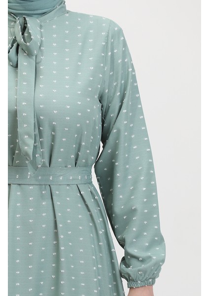 Pıtpıt Desenli Kuşaklı Elbise 0383-06 Çağla Yeşili fırsatları