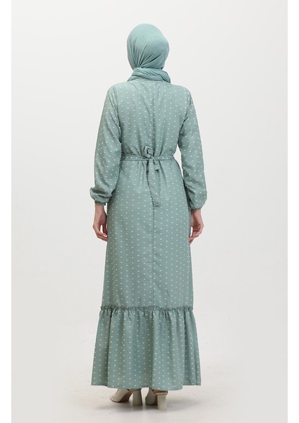 Pıtpıt Desenli Kuşaklı Elbise 0383-06 Çağla Yeşili indirimleri