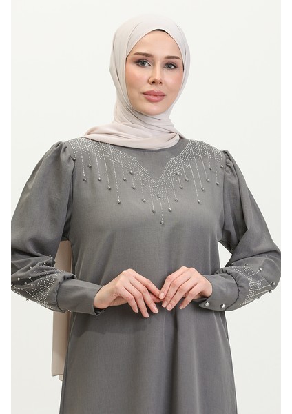 Taş Baskılı Elbise 0406-03 Gri fırsatları