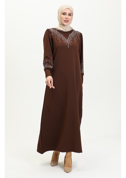 Taş Baskılı Elbise 0406-07 Koyu Kahverengi