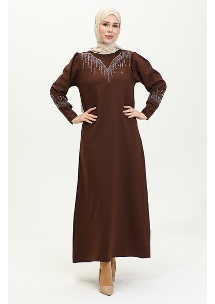 Taş Baskılı Elbise 0406-07 Koyu Kahverengi fiyatları
