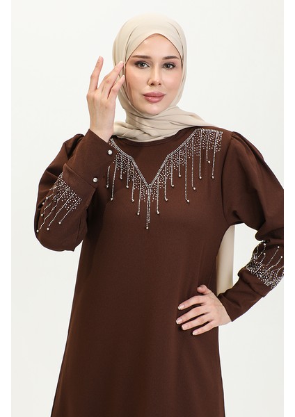 Taş Baskılı Elbise 0406-07 Koyu Kahverengi fırsatları