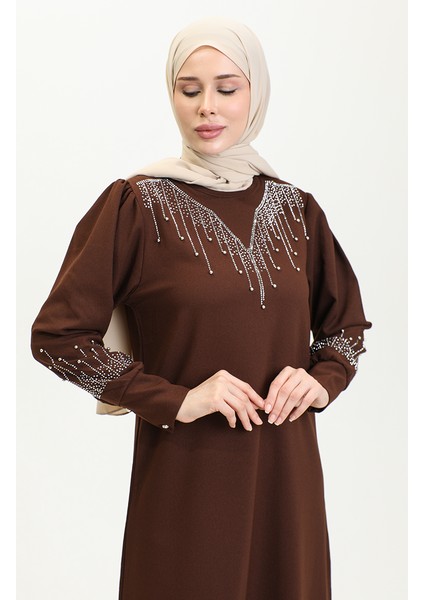 Taş Baskılı Elbise 0406-07 Koyu Kahverengi indirimleri