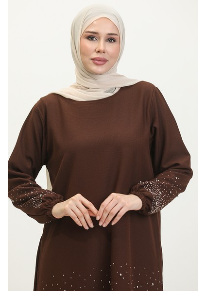 Taş Baskılı Araboy Abiye Tunik Pantolon Ikili Takım 0409-02 Kahverengi