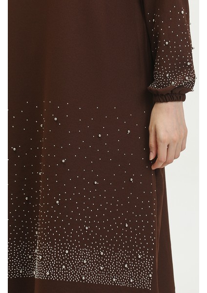 Taş Baskılı Araboy Abiye Tunik Pantolon Ikili Takım 0409-02 Kahverengi
