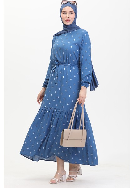Çapa Desen Kuşaklı Elbise 0461-02 Indigo