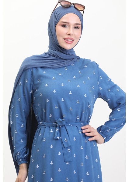 Çapa Desen Kuşaklı Elbise 0461-02 Indigo fırsatları