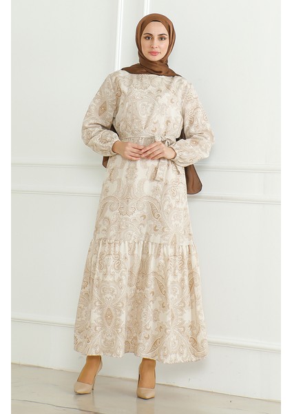 Desenli Kuşaklı Keten Elbise 0471C-04 Bej