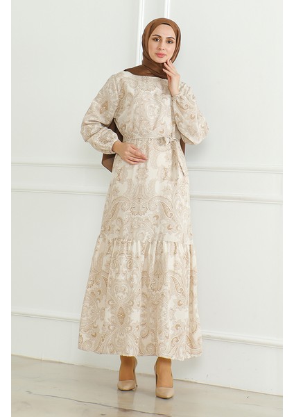 Desenli Kuşaklı Keten Elbise 0471C-04 Bej fiyatları