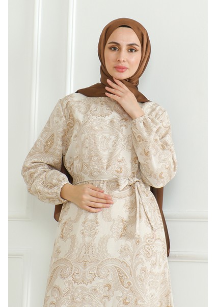 Desenli Kuşaklı Keten Elbise 0471C-04 Bej modelleri