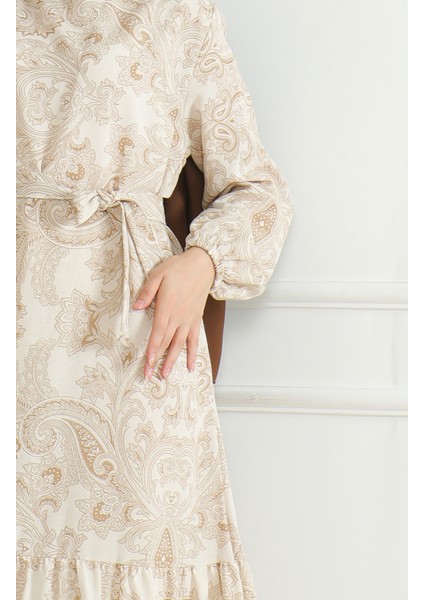 Desenli Kuşaklı Keten Elbise 0471C-04 Bej fırsatları