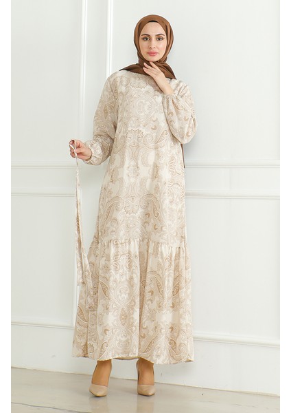 Desenli Kuşaklı Keten Elbise 0471C-04 Bej indirimleri