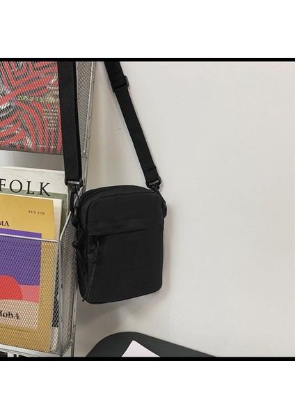 Hong Kong Tarzı Öğrenci Kanvas Çanta Kadın Küçük Siyah Çanta Crossbody Çanta Harajuku Kore Versiyonu Cep Telefonu Çantası Erkek ve Kadın Omuz Çantası (Yurt Dışından)