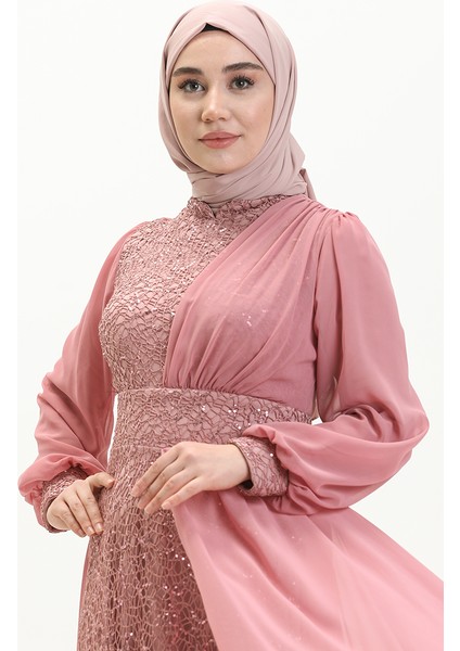 Payetli Abiye Elbise 5408-12 Koyu Pudra