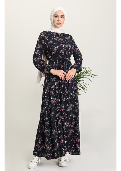 Çiçek Desenli Viskon Elbise 5068-04 Lacivert fiyatları