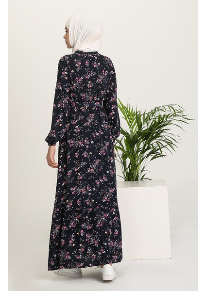 Çiçek Desenli Viskon Elbise 5068-04 Lacivert modelleri