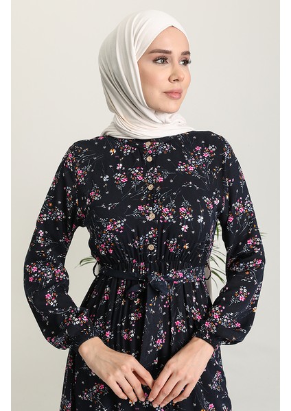 Çiçek Desenli Viskon Elbise 5068-04 Lacivert fırsatları
