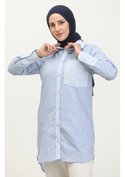 Çizgili Garnili Tunik 4821-04 Mavi