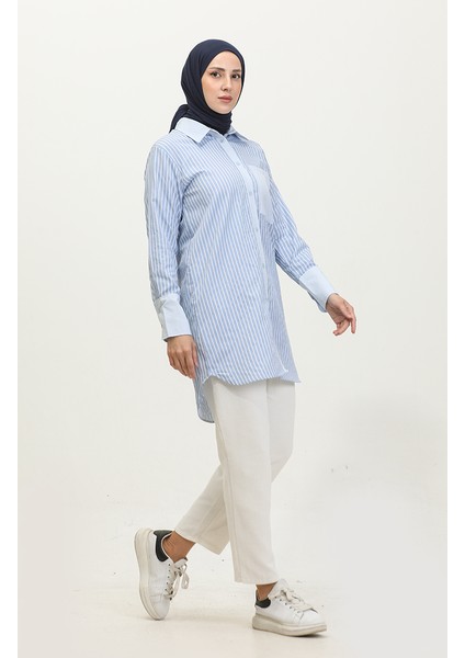 Çizgili Garnili Tunik 4821-04 Mavi