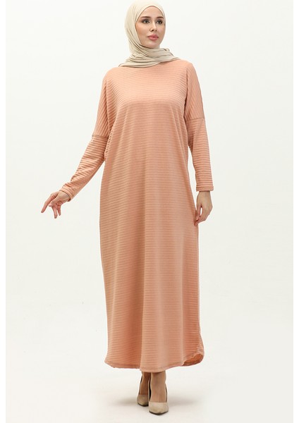 Yarasa Kol Uzun Simli Elbise 8660-01 Pudra