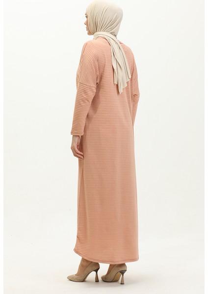 Yarasa Kol Uzun Simli Elbise 8660-01 Pudra indirimleri