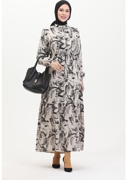 Önden Düğmeli Bağcıklı Keten Elbise 0520A-04 Bej Siyah fiyatları