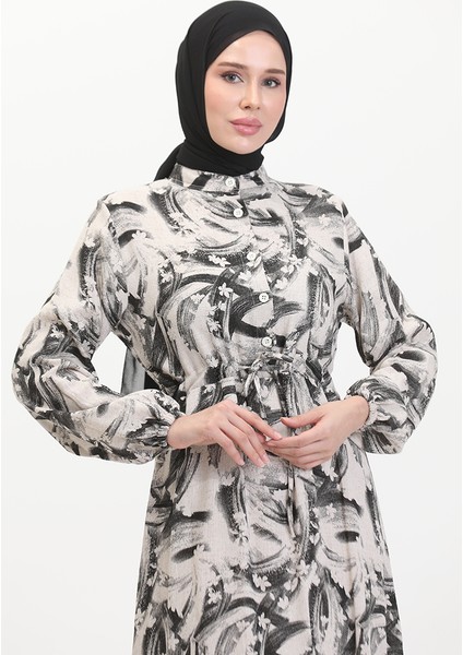 Önden Düğmeli Bağcıklı Keten Elbise 0520A-04 Bej Siyah modelleri