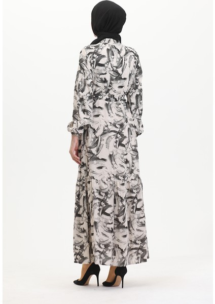 Önden Düğmeli Bağcıklı Keten Elbise 0520A-04 Bej Siyah indirimleri