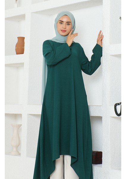 Bürümcük Kumaş Asimetrik Kesim Uzun Tunik 1034-01 Zümrüt Yeşili fırsatları