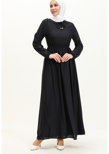 Beli Büzgülü Elbise 0575-04 Lacivert