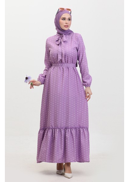 Pıtpıt Desenli Kuşaklı Elbise 0383-05 Lila