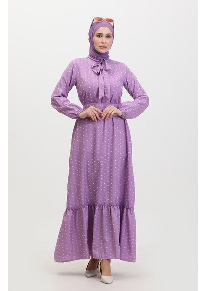 Pıtpıt Desenli Kuşaklı Elbise 0383-05 Lila fiyatları