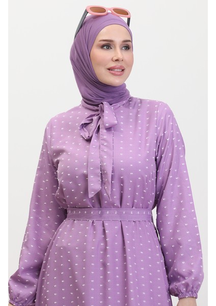 Pıtpıt Desenli Kuşaklı Elbise 0383-05 Lila modelleri