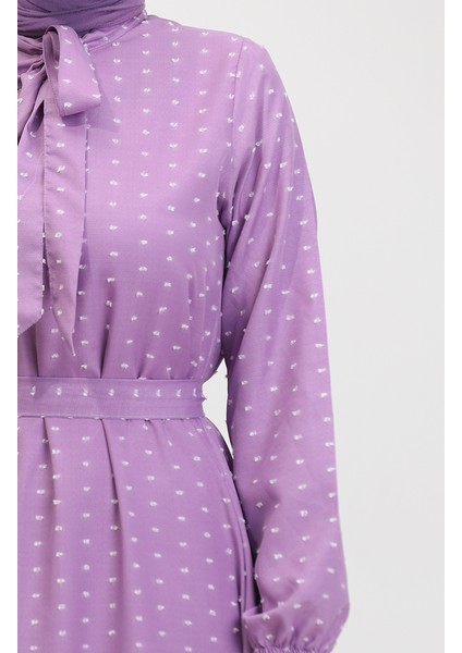 Pıtpıt Desenli Kuşaklı Elbise 0383-05 Lila fırsatları