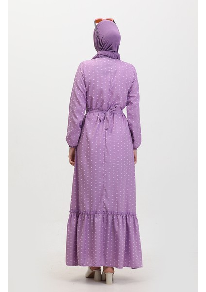 Pıtpıt Desenli Kuşaklı Elbise 0383-05 Lila indirimleri