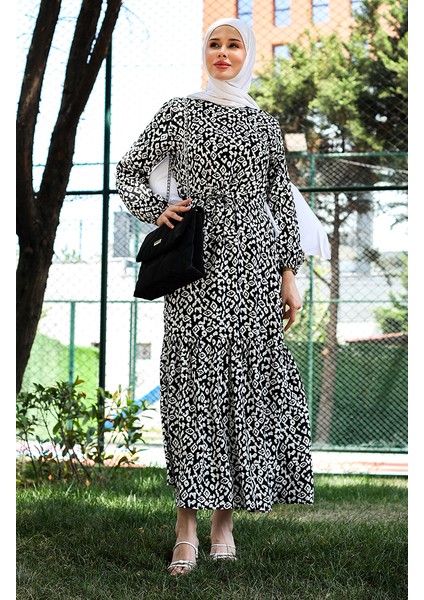 Renkli Viskon Elbise 0450-04 Siyah Beyaz