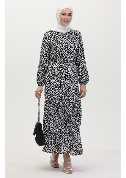 Renkli Viskon Elbise 0450-04 Siyah Beyaz modelleri