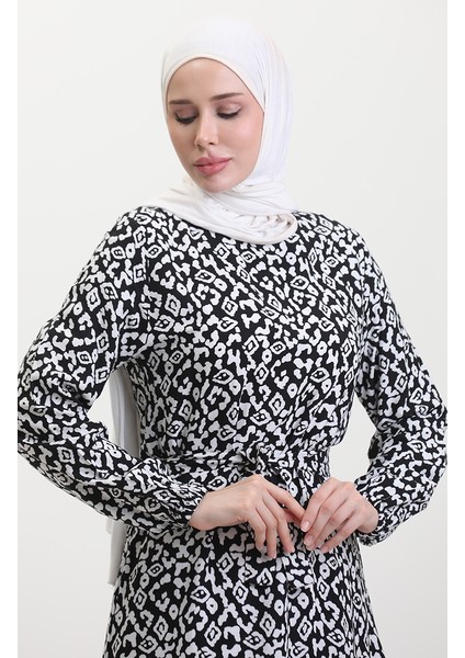 Renkli Viskon Elbise 0450-04 Siyah Beyaz indirimleri