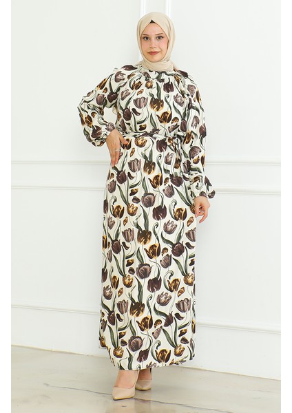 Desenli Kuşaklı Elbise 0467-04 Bej