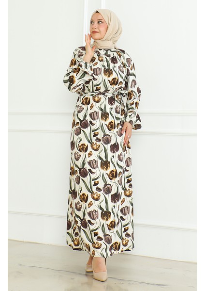 Desenli Kuşaklı Elbise 0467-04 Bej fiyatları