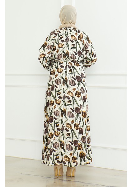 Desenli Kuşaklı Elbise 0467-04 Bej fırsatları