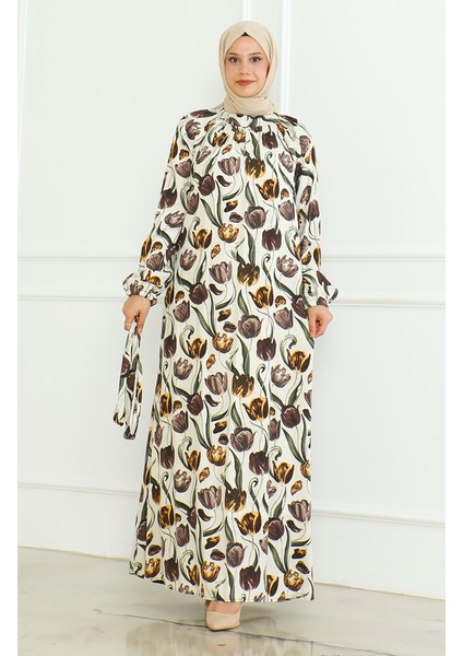 Desenli Kuşaklı Elbise 0467-04 Bej indirimleri